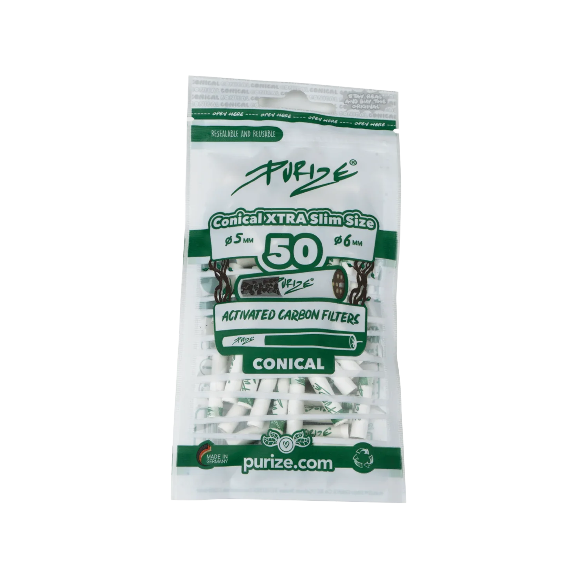 PURIZE® XTRA Slim Size Conical – Aktivkohlefilter 50 Stück